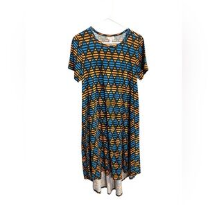 LuLaRoe Carly Short Sleeve Midi Dress in Blue, Black and Orange Geometric Print